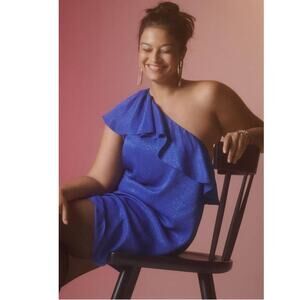 New Anthropologie Ruffled One-Shoulder Mini Dress $140 SIZE 6 BLUE